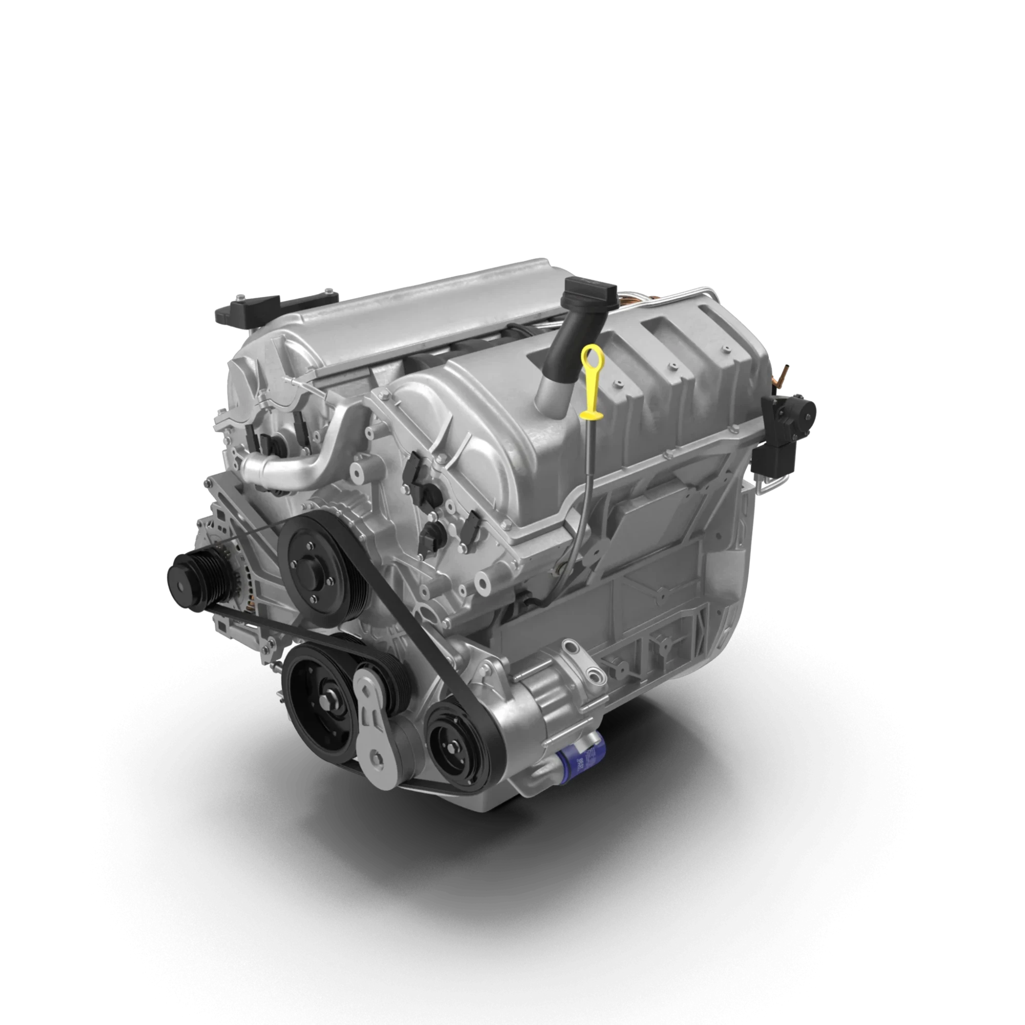 Detailný 3D model automobilového motora na čiernom pozadí
